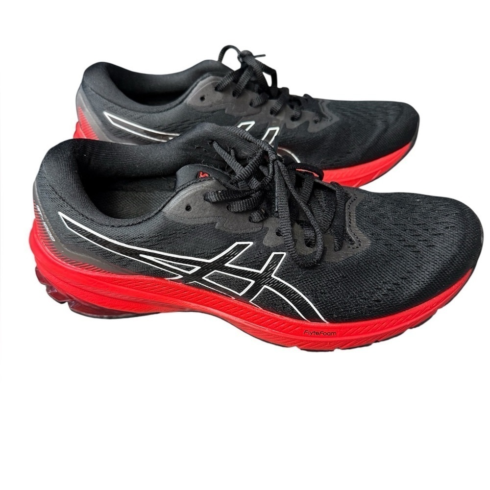 ASIC’s men’s Black/Electric Red gel GT 1000 running gym shoes. Size 10